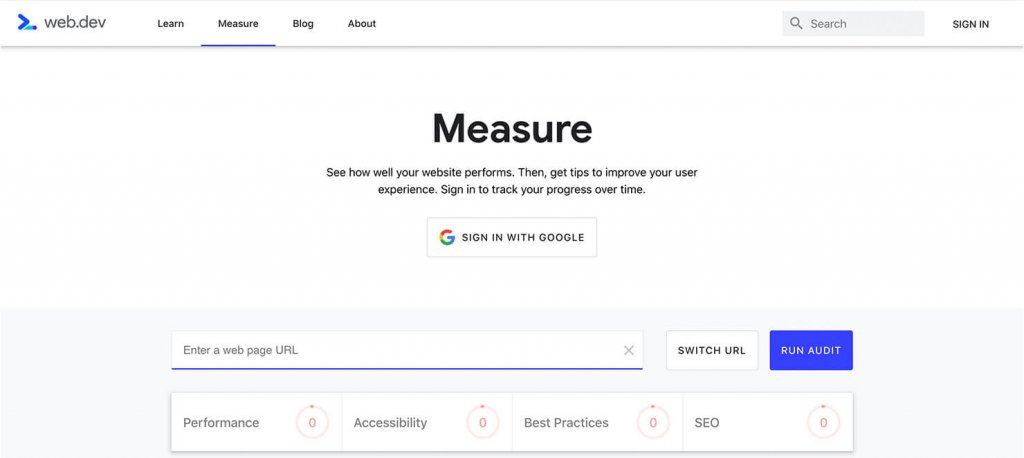 Overview of web.dev Measure page for website performance audits