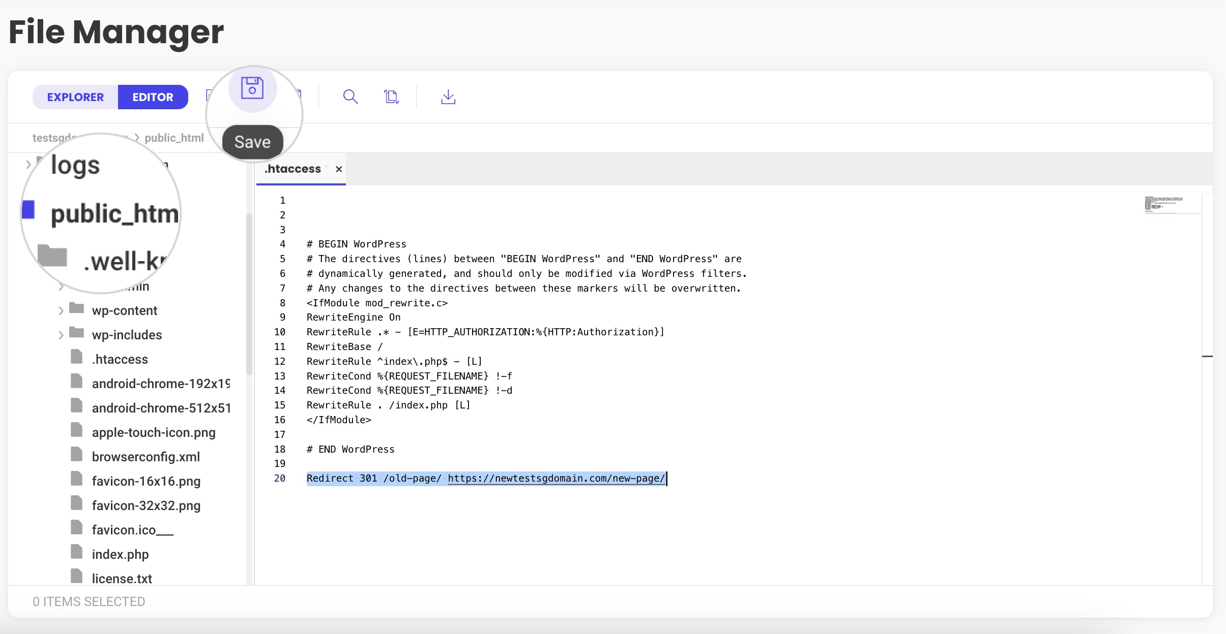 Visual guide in a screenshot detailing the process of implementing a 301 redirect within an .htaccess file.