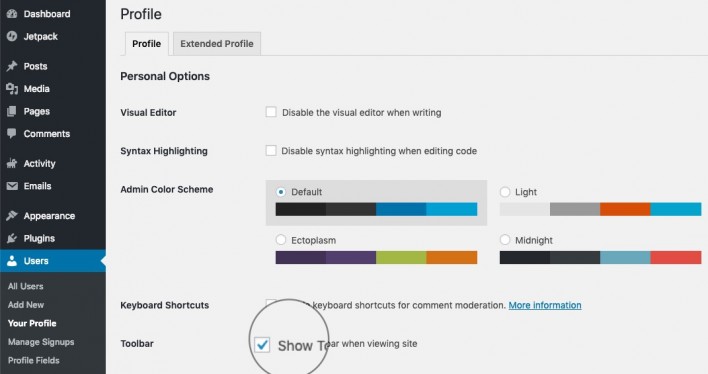 Screenshot of where to find the checkbox for enabling and disabling the WordPress admin bar