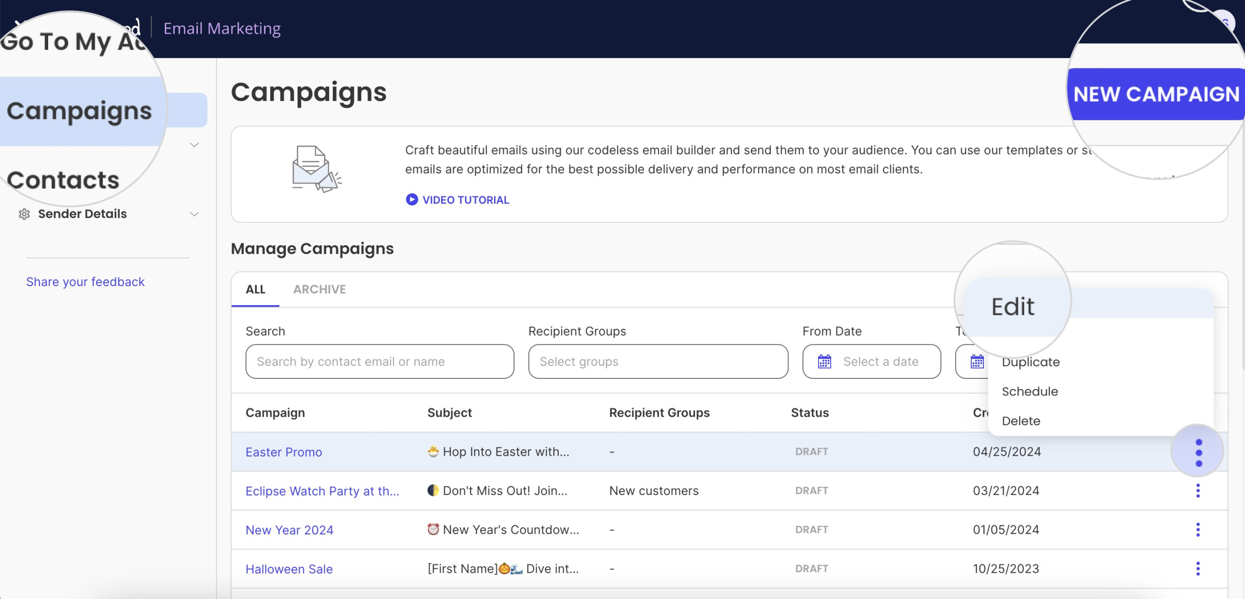 Screenshot showing how to edit an existing draft in SiteGround Email Marketing