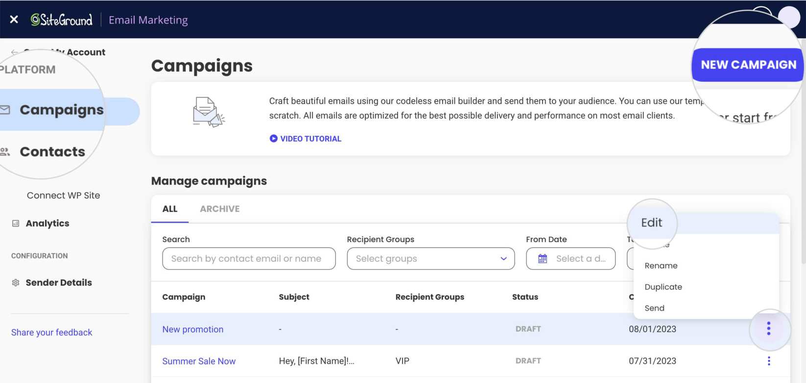 How to access the Email Builder in Email Marketing to schedule a campaign