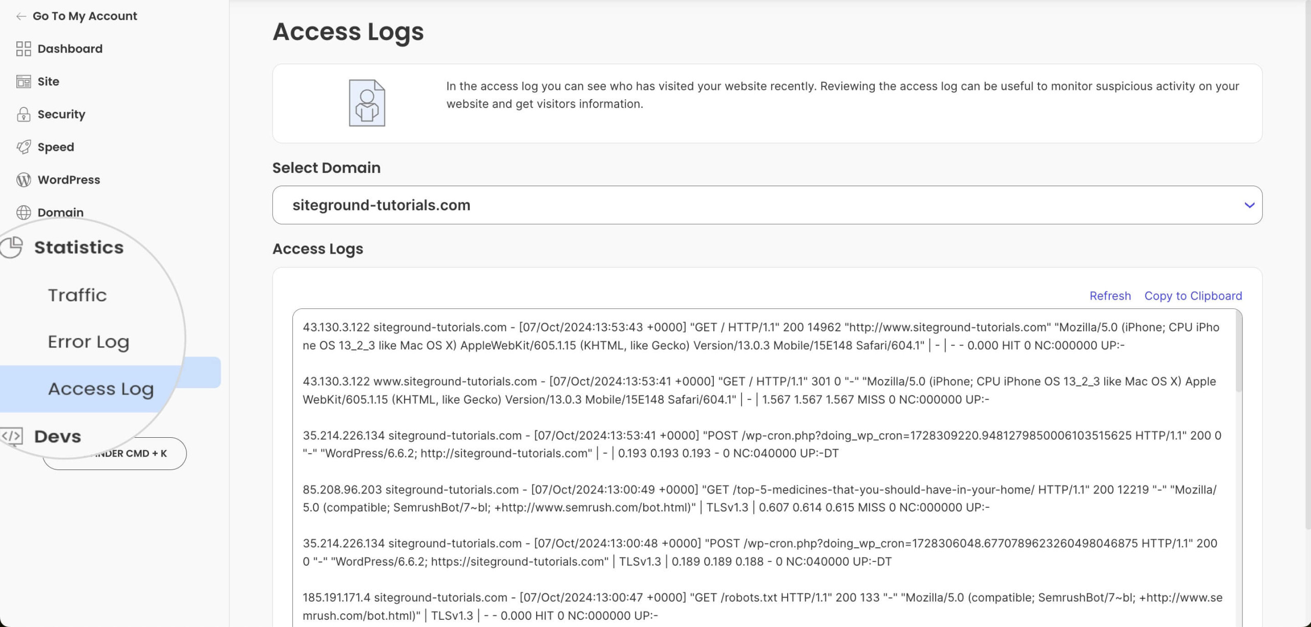 Access Log in Site Tools 