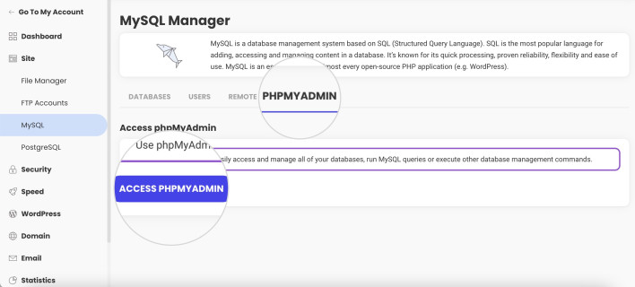 Screenshot showing how to access PHPMyAdmin from your Site Tools MySQL Manager