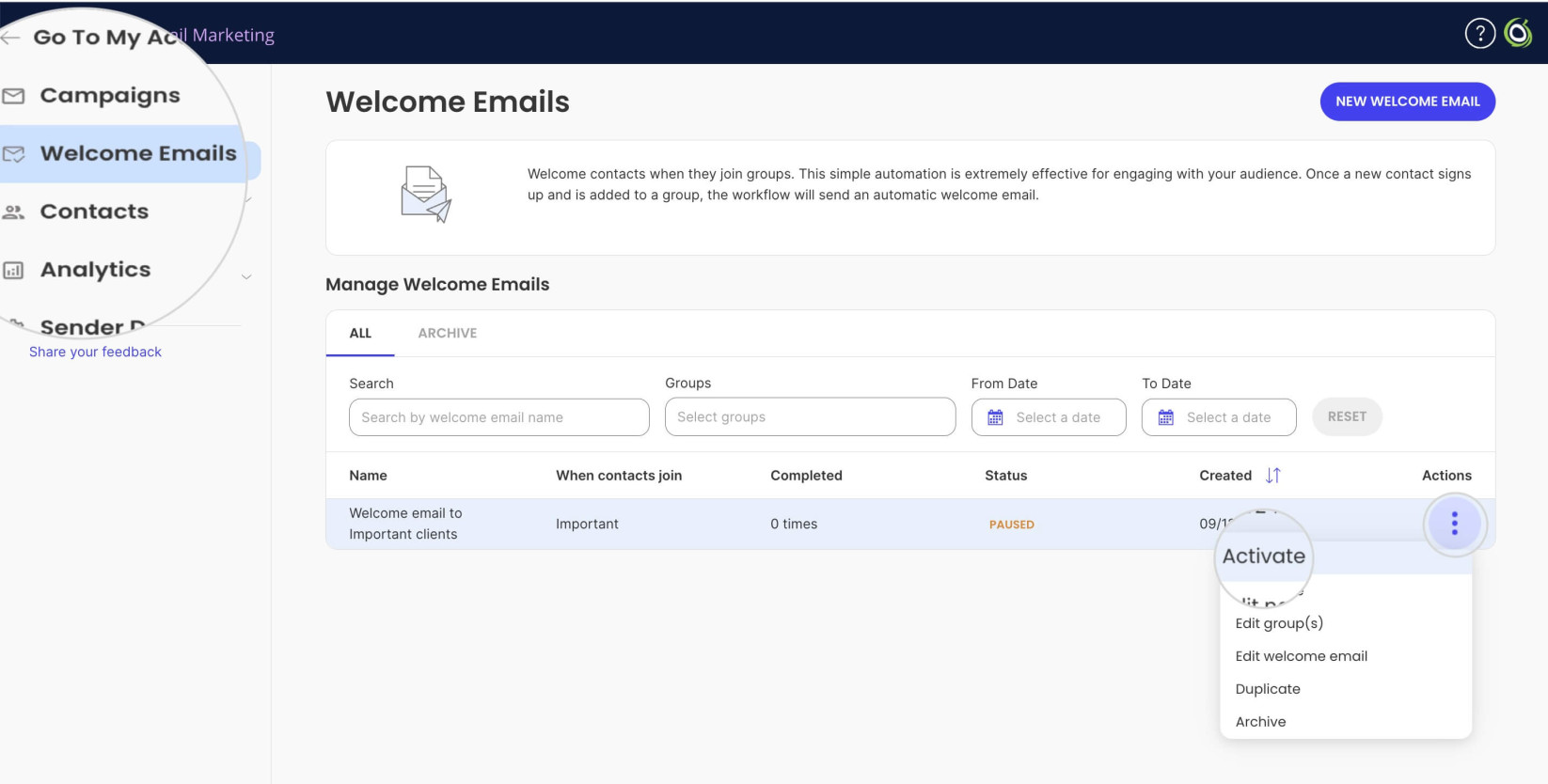 Activating a paused Welcome Email in Email Marketing