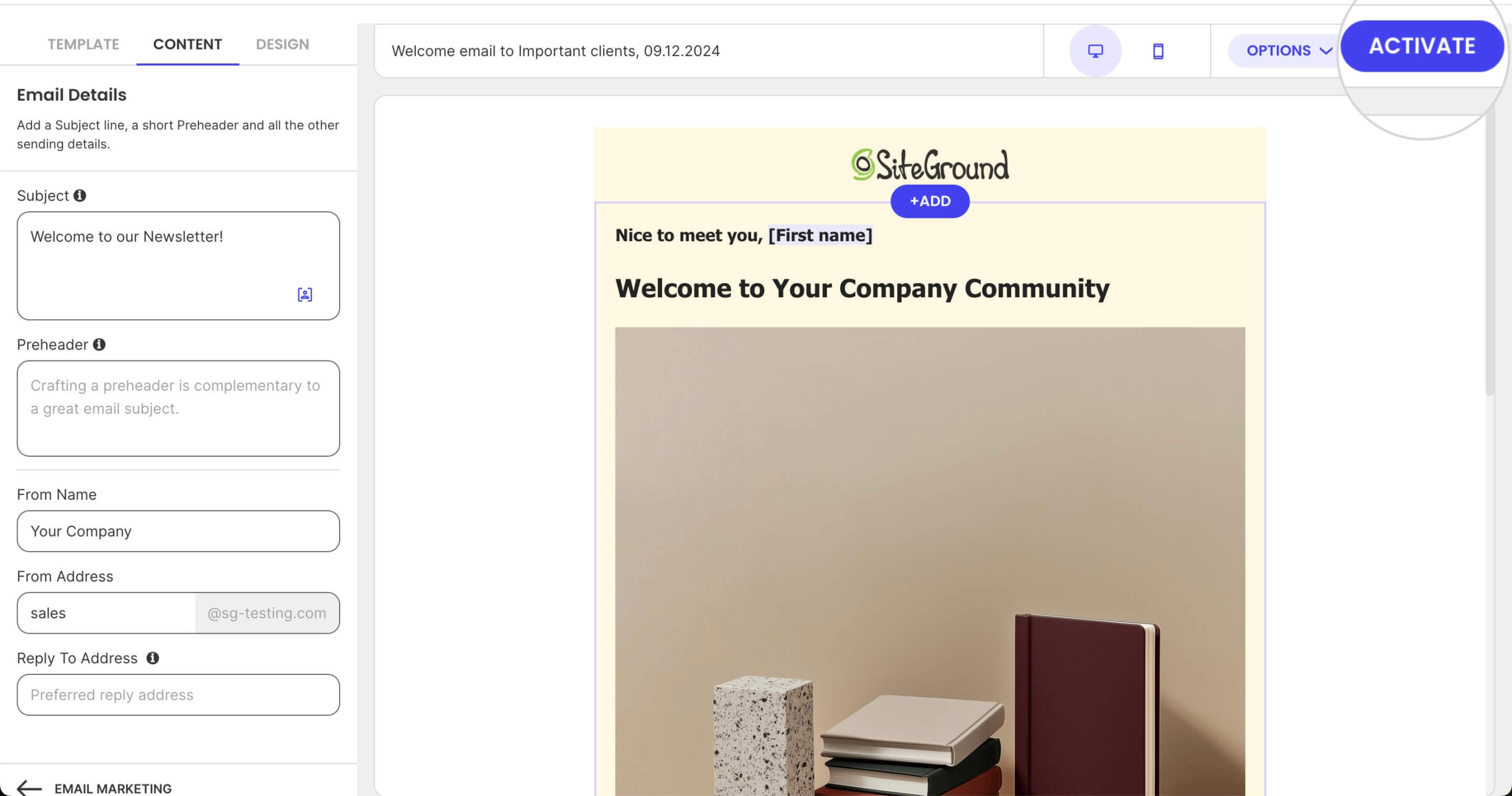 Activating a Welcome email in Email Marketing