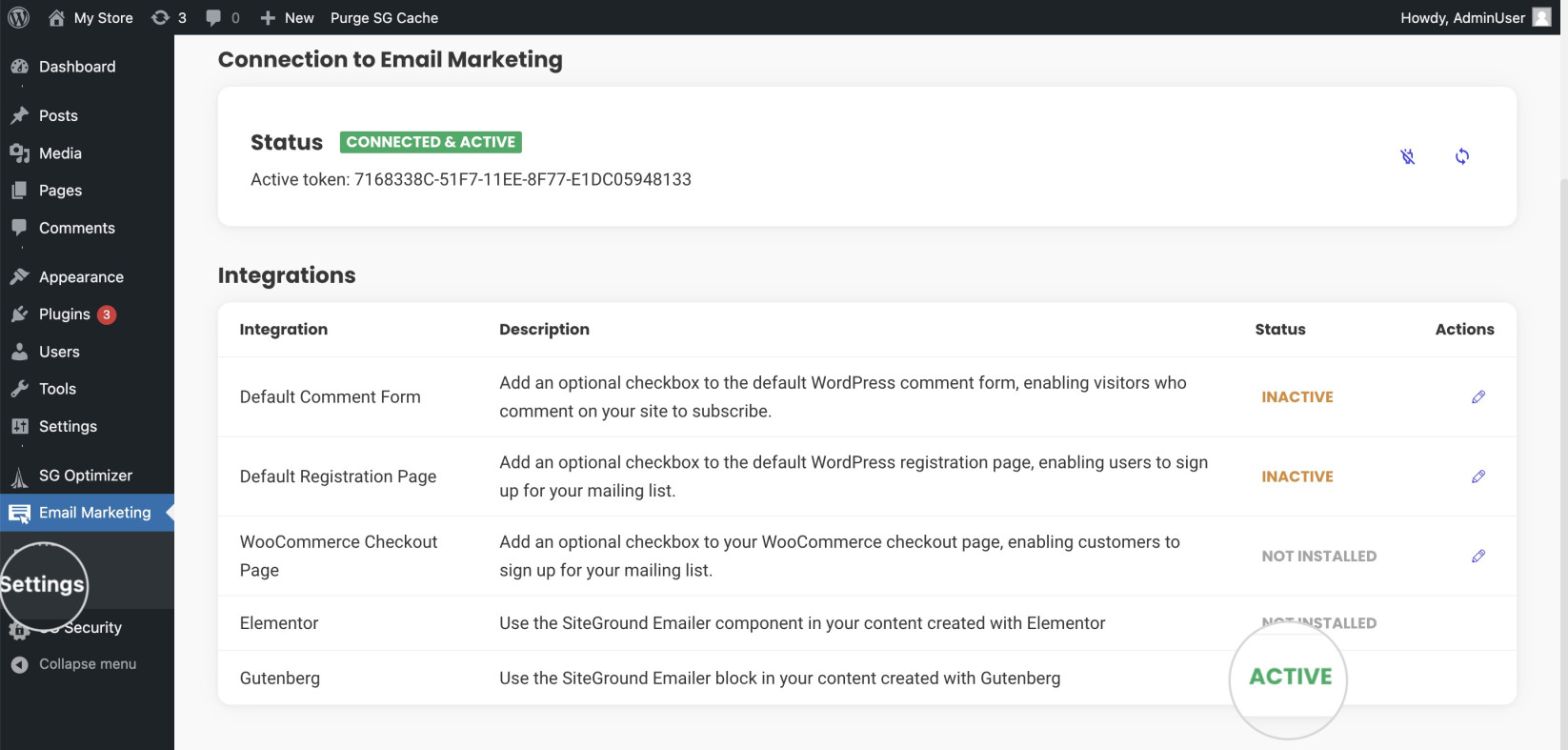 Active status for Gutenberg in the Email Marketing plugin