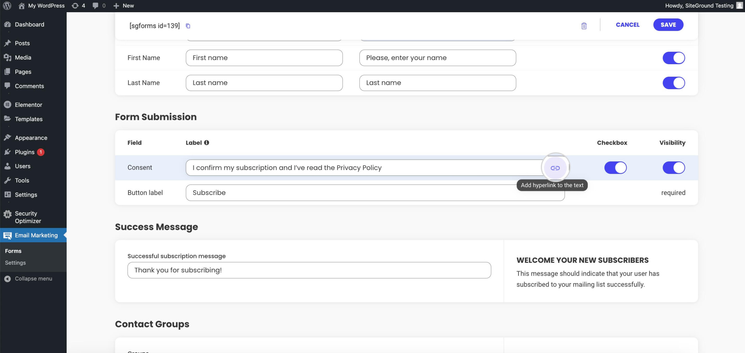 How to add a hyperlink to the Consent checkbox text with the respective button