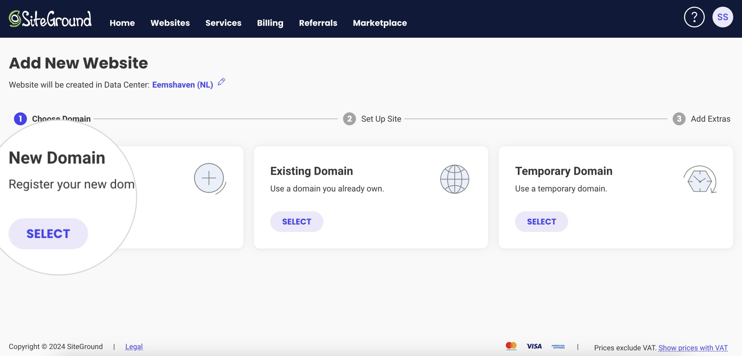 Screenshot showing how to add a new domain to your hosting plan