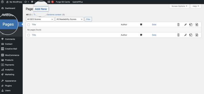 Screenshot showing how to add a new page in WordPress