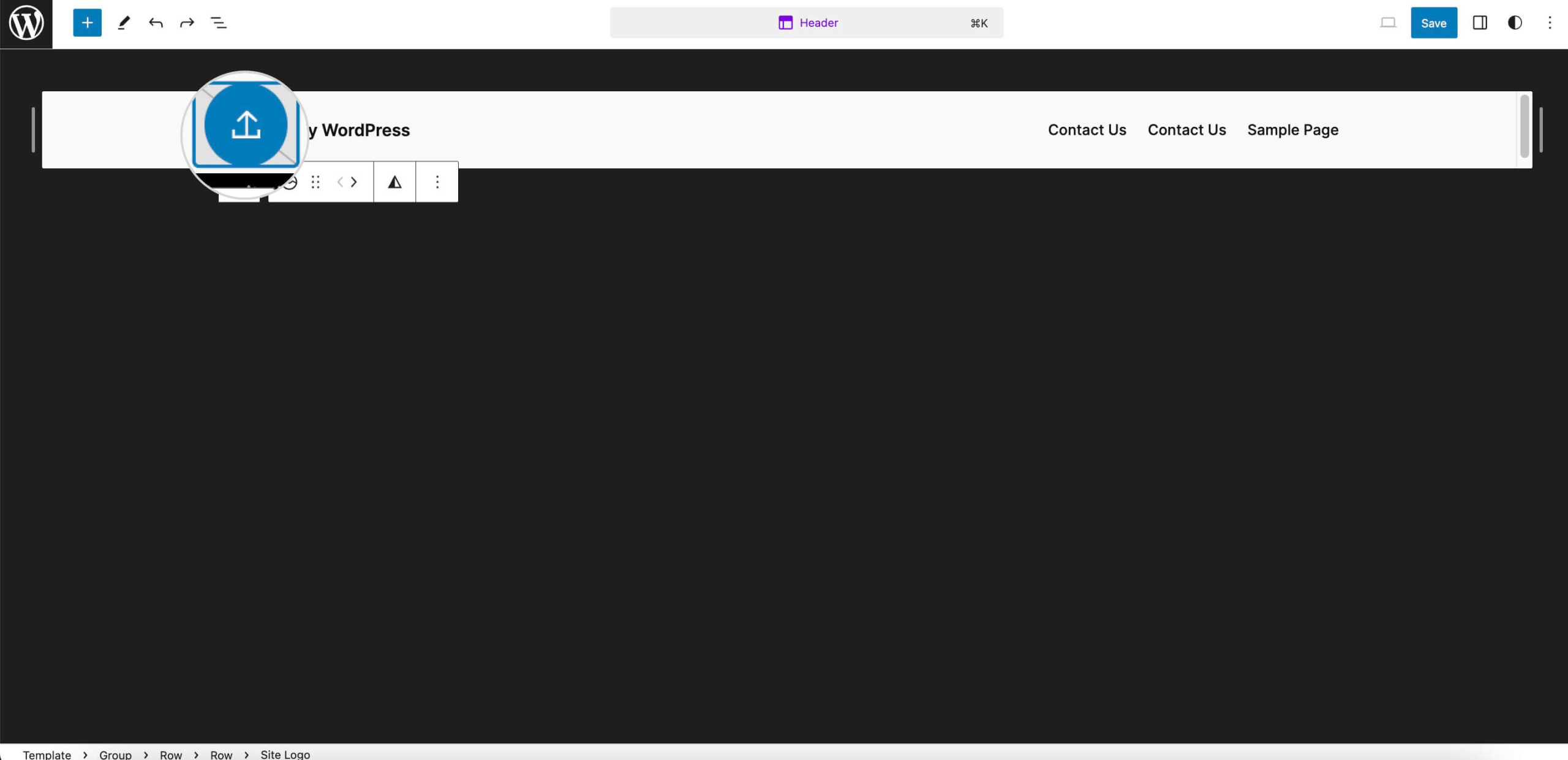 Screenshot showing how to upload a site logo in the Header pattern block of your WordPress