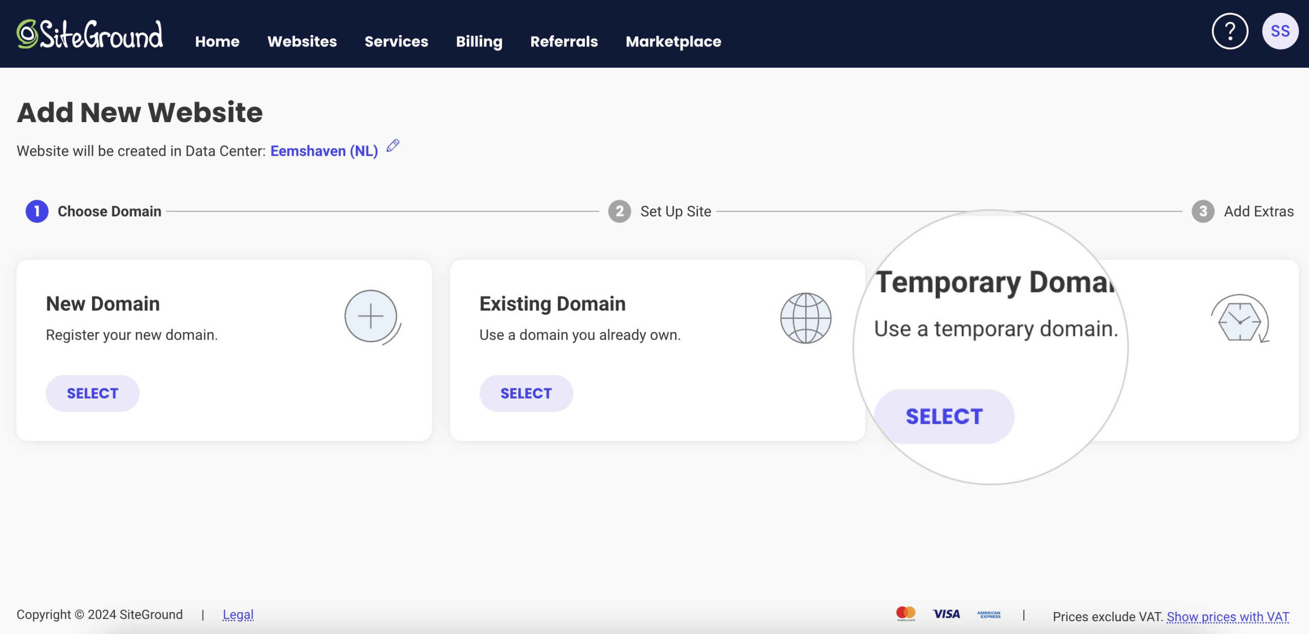 Screenshot showing how to add a temporary domain to your hosting plan