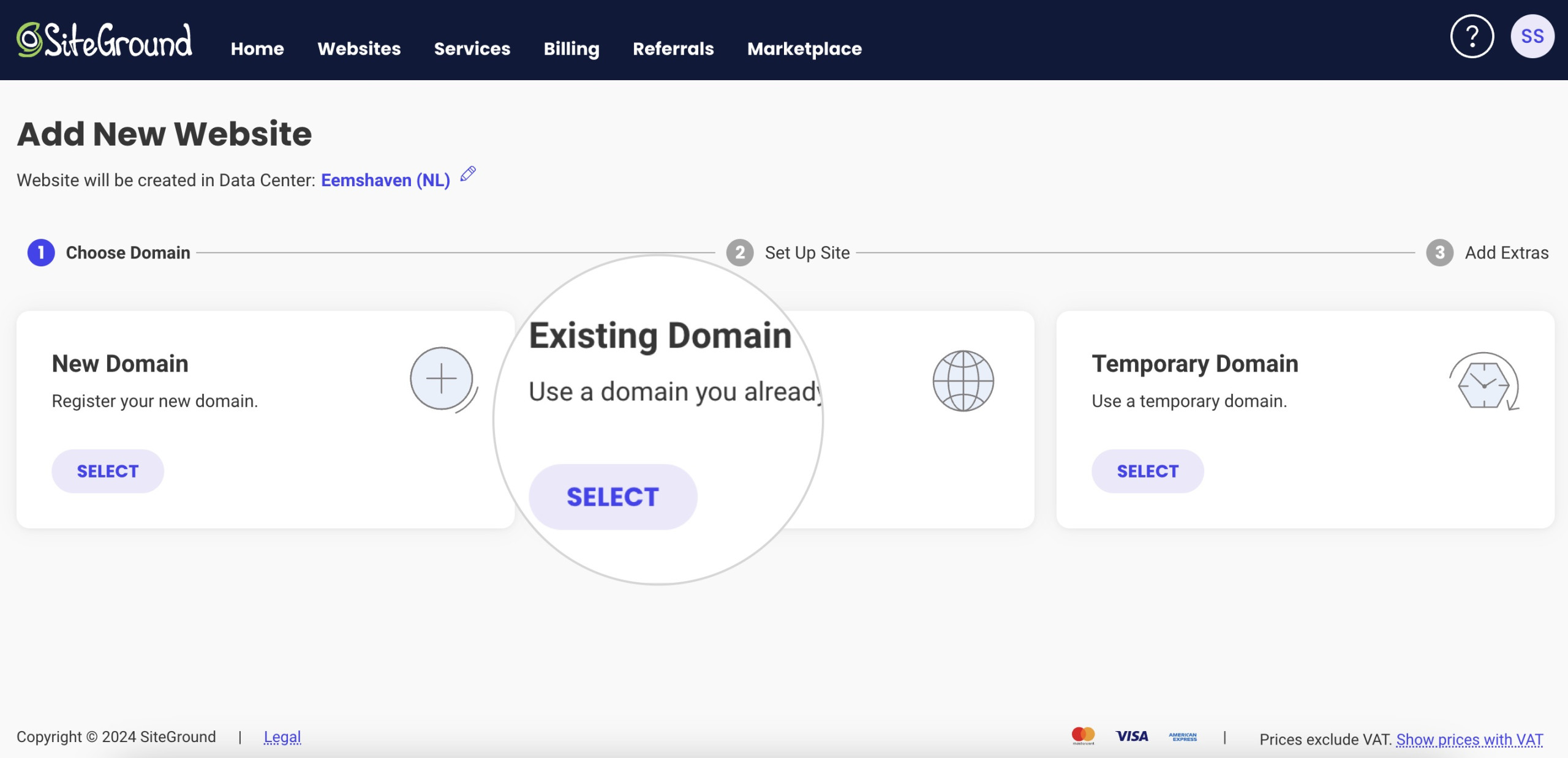 Screenshot showing how to add an existing domain to your hosting plan