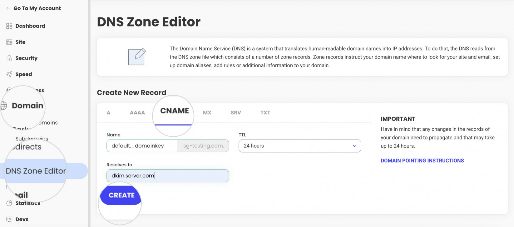 Screenshot of the DNS Zone Editor in Site Tools on how to create a CNAME DKIM record