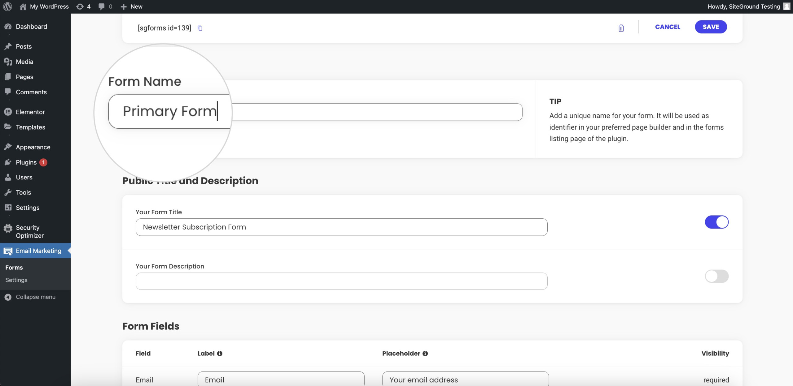 Add a Form Name for internal purposes, visible only in the WordPress Dashboard and page builder