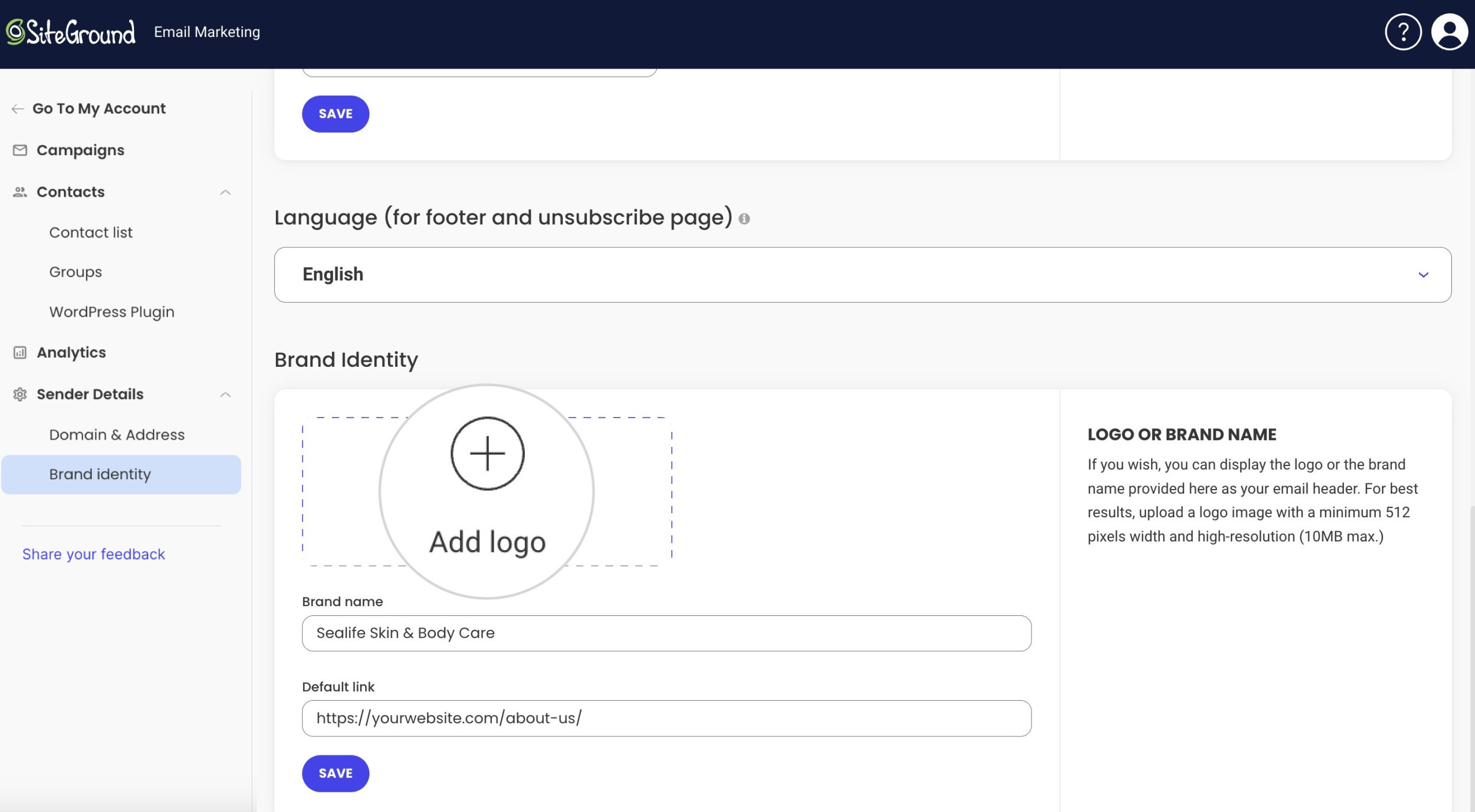 Screenshot of the Sender Details Your Brand name & Logo section