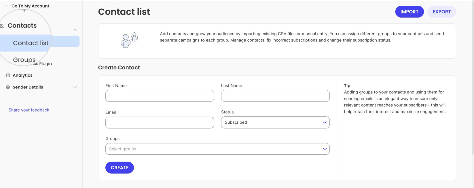 Screenshot displaying the Contacts section of the Email Marketing service