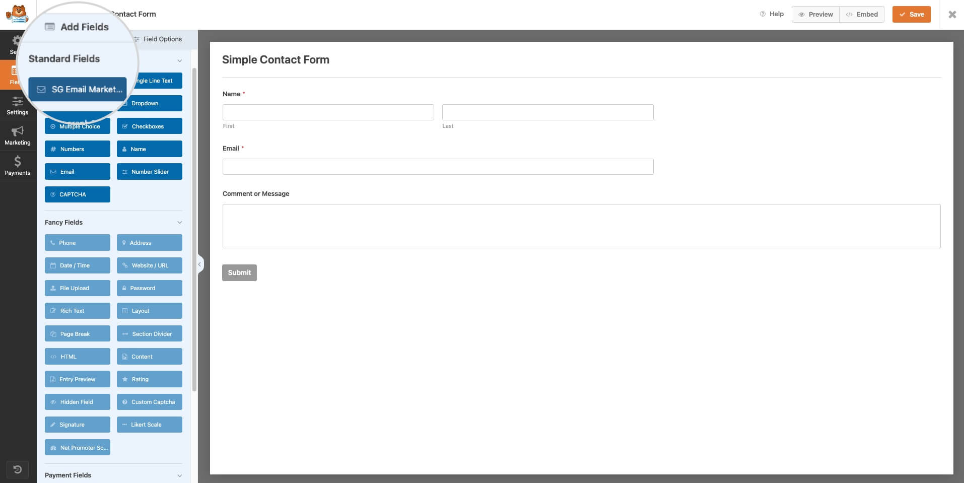 Inclusion of the SG Email Marketing Standard Field in the WPForms Editor