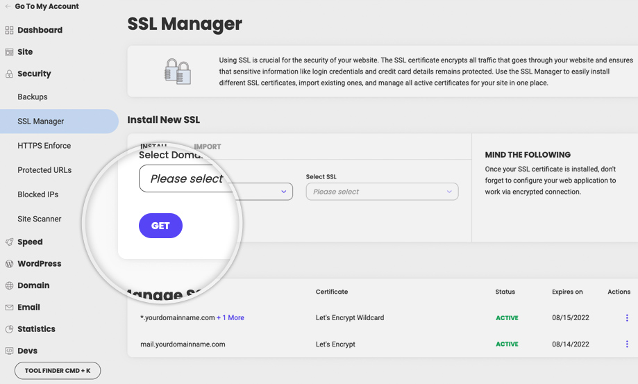 Screenshot showing how to activate an SSL certificate from the SSL Manager in SiteTools