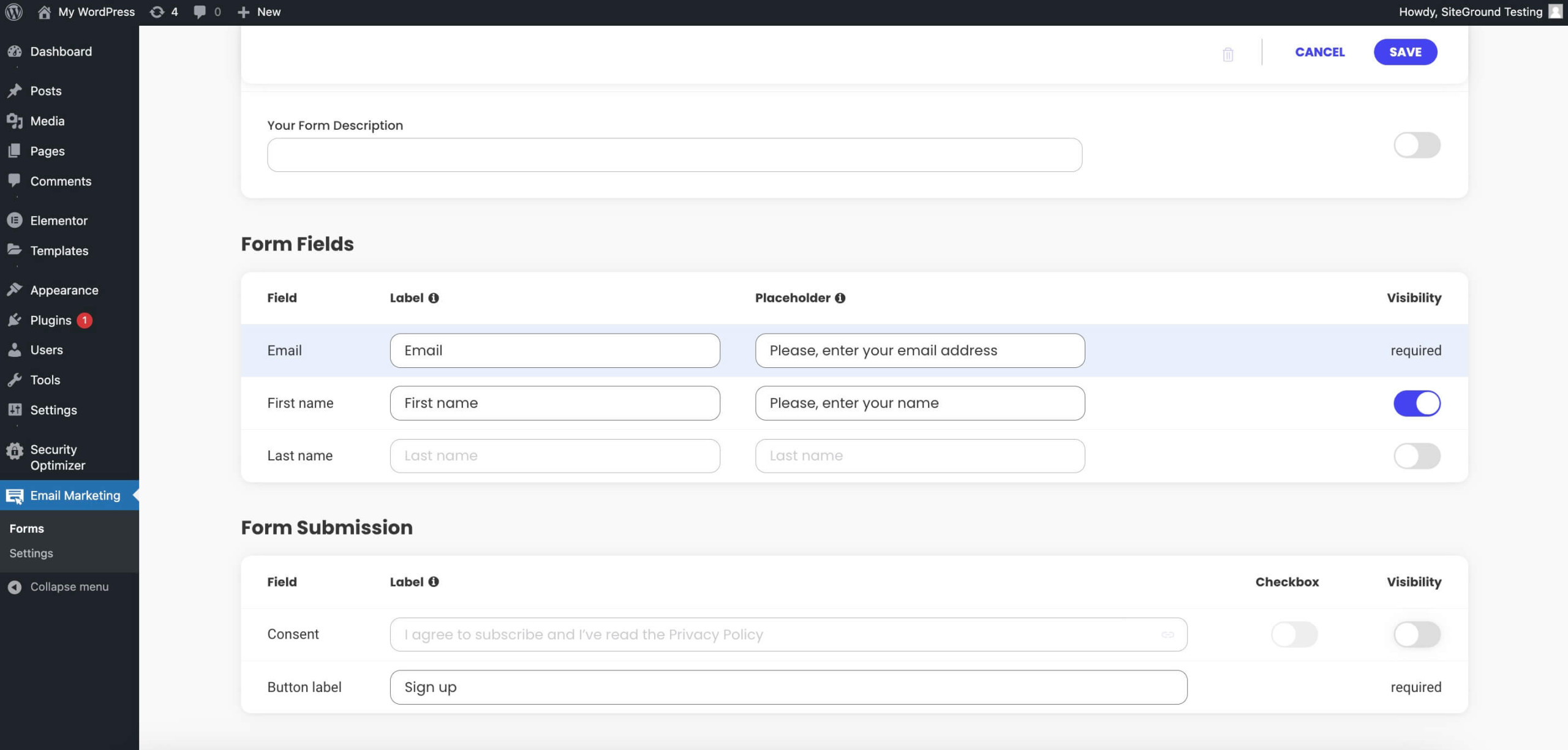 How to change the labels and text for the form fields in the Email Marketing plugin