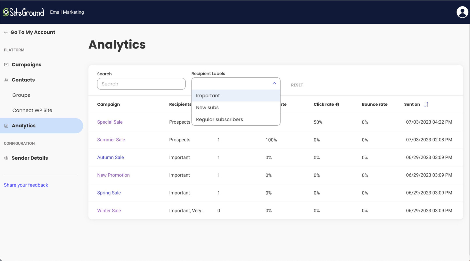 Analytics page in SiteGround Email Marketing