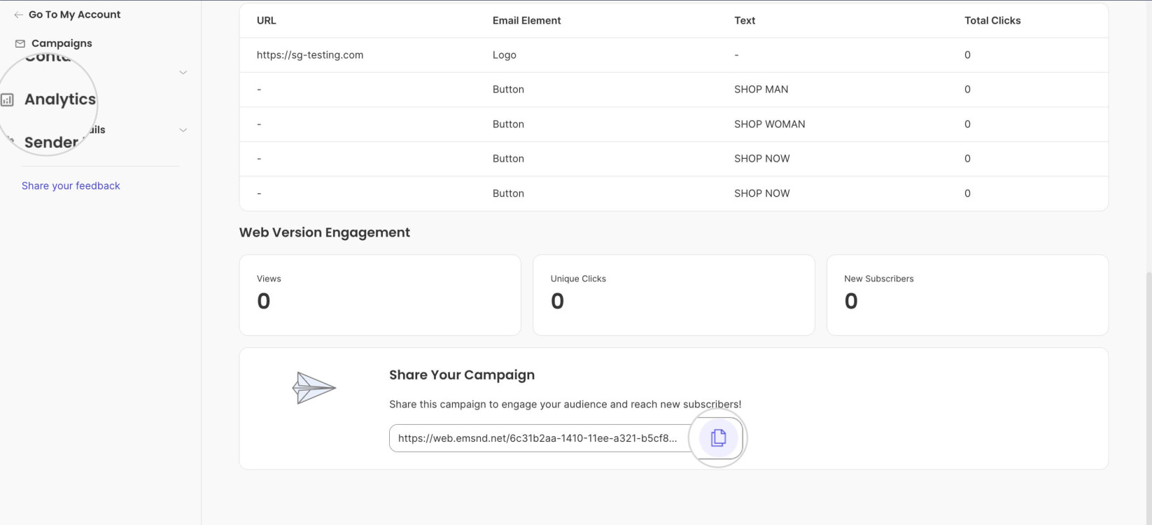 Analytics page in Email Marketing containing the Web Version Page link