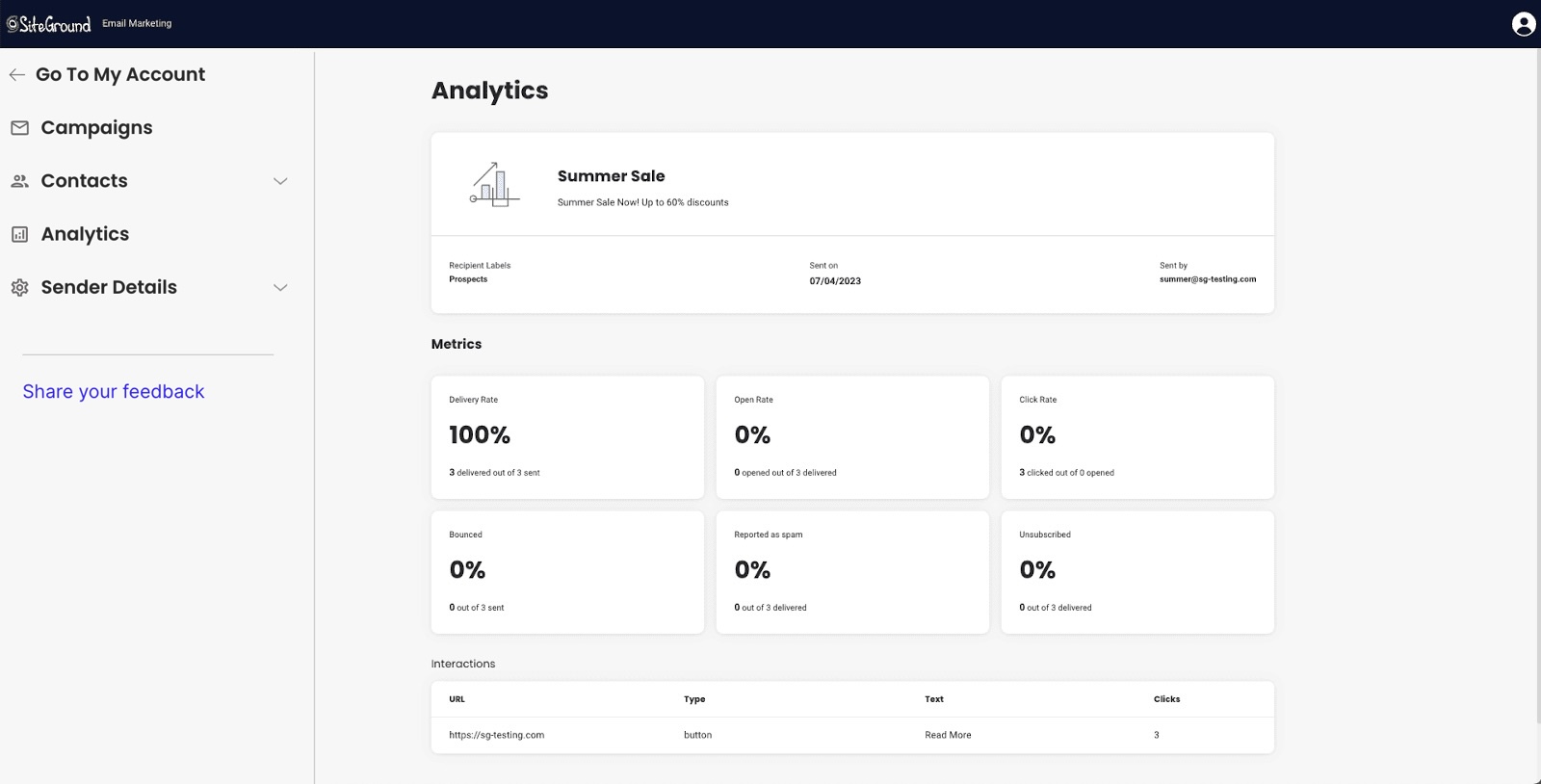 Analytics page for a single campaign in SiteGround Email Marketing