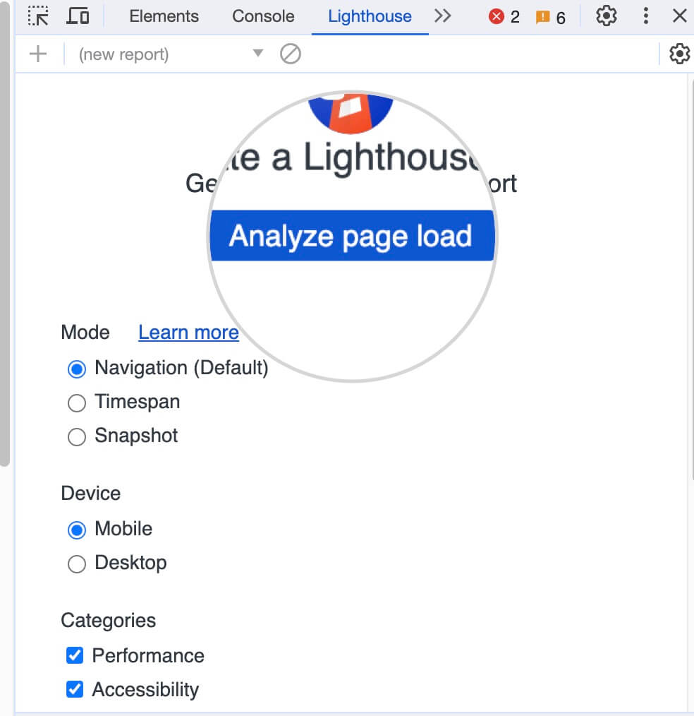 Screenshot showing how to analyze Cumulative Layout Shift for a website with Google Lighthouse 