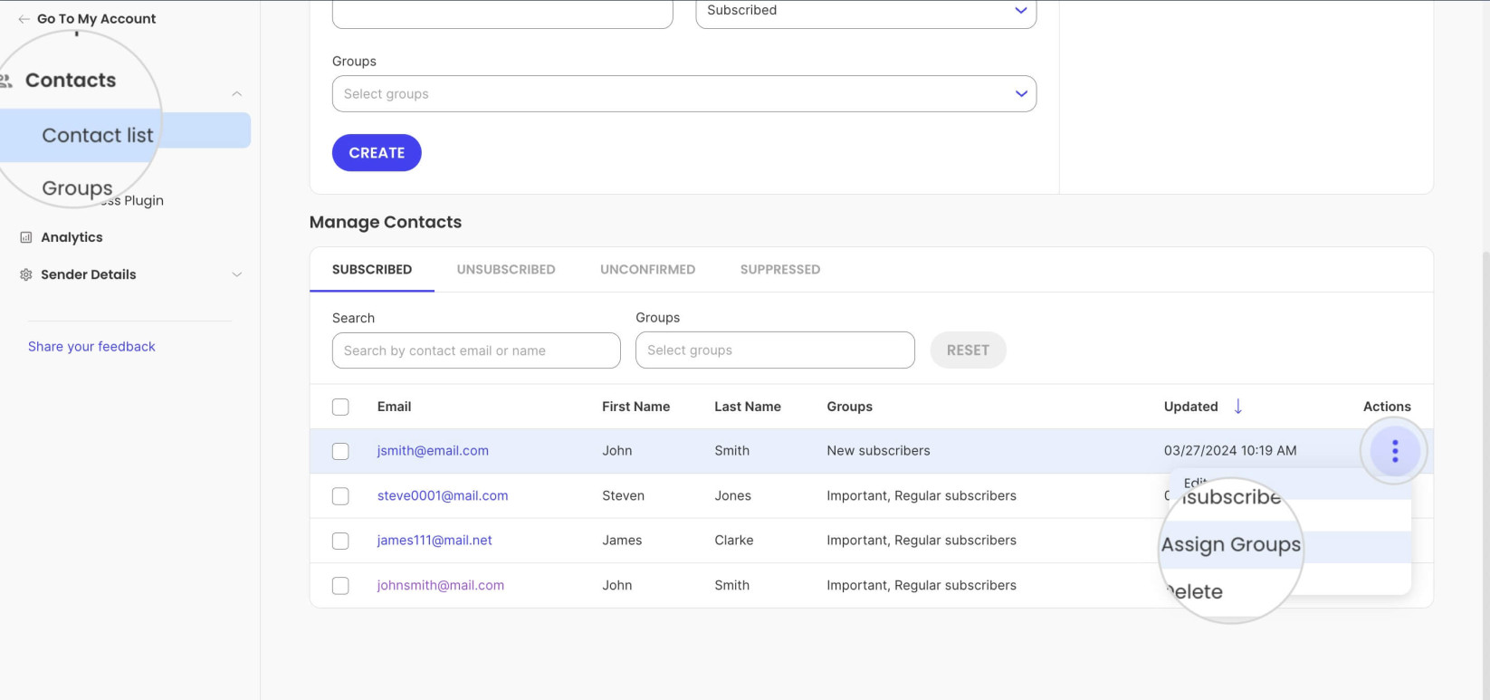 How to assign groups to an existing contact