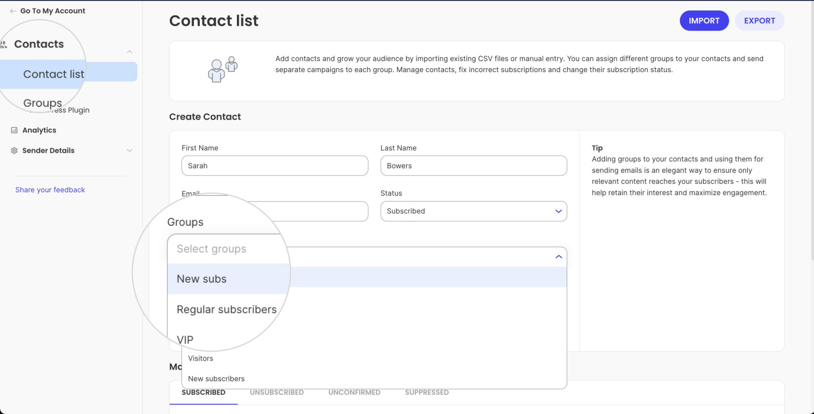 How to create a new contact and assign groups to it