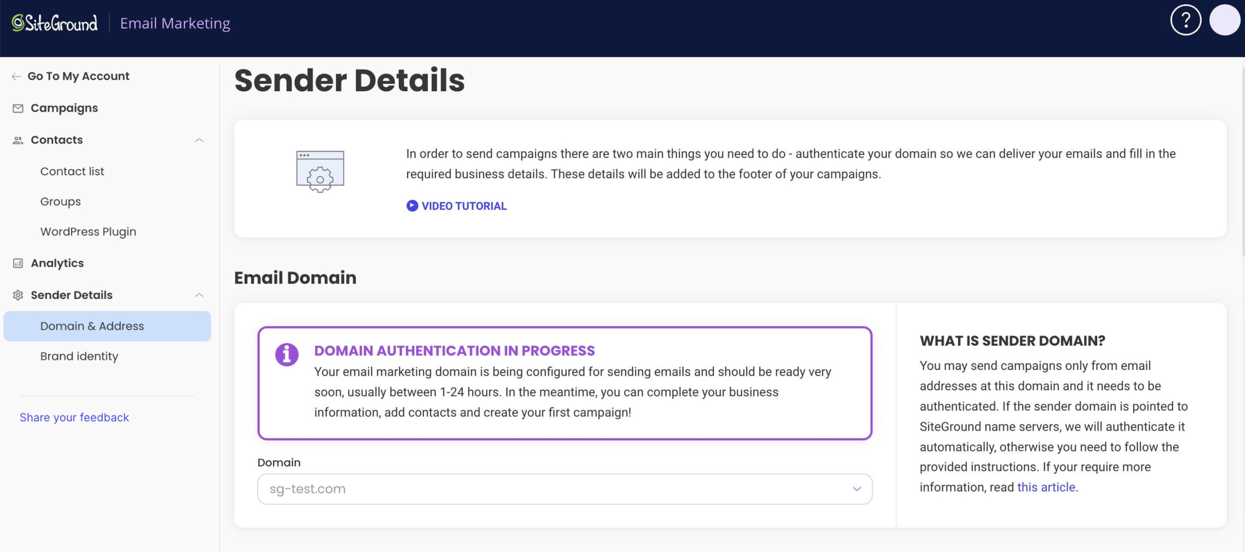 Screenshot showing the Domain Authentication in Progress screen