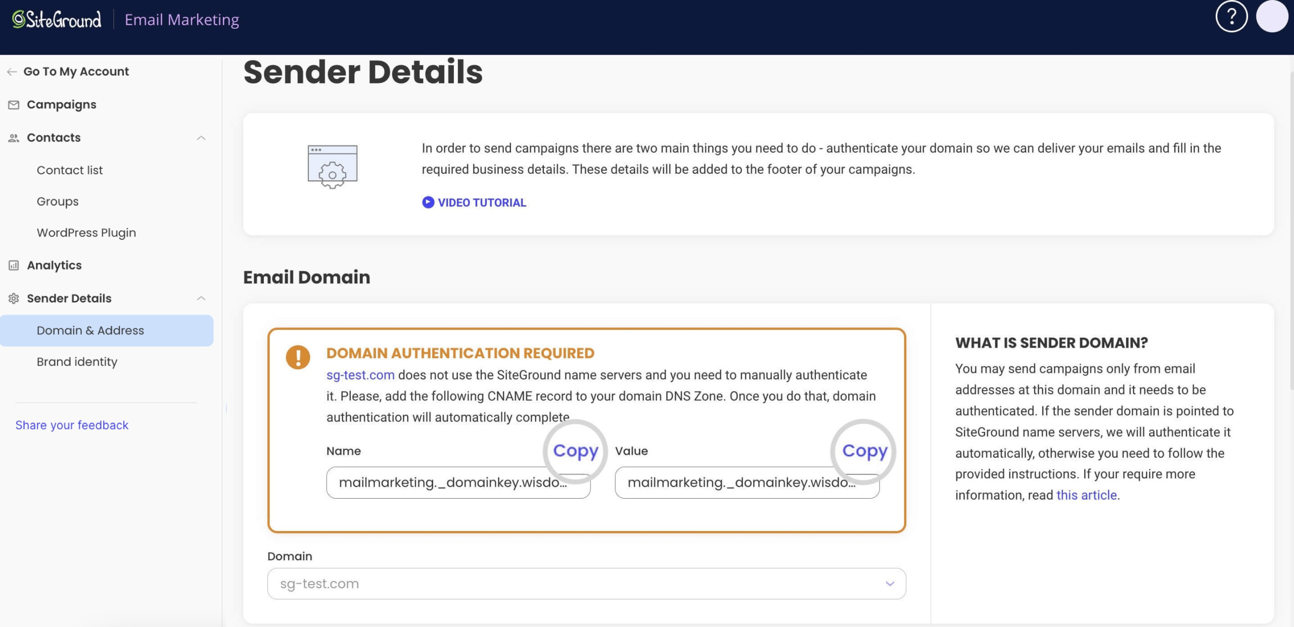 Screenshot showing the Domain Authentication Required screen where you can copy the CNAME record details