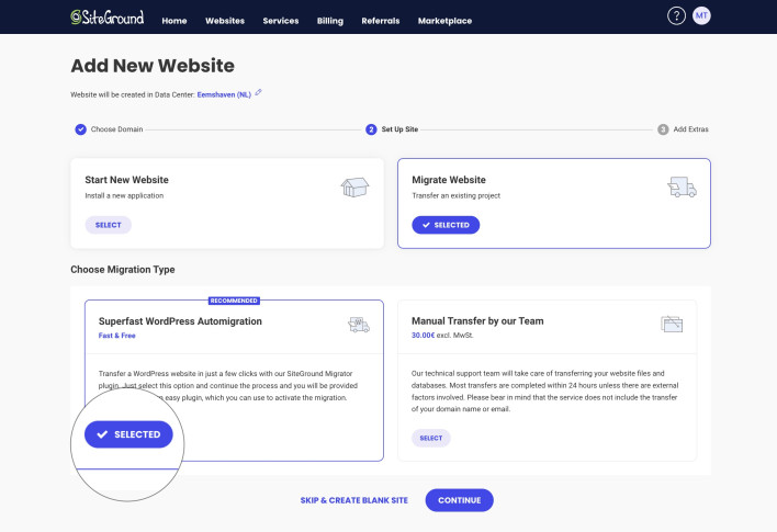 Selecting Superfast WordPress Automigration from the new website creation screen