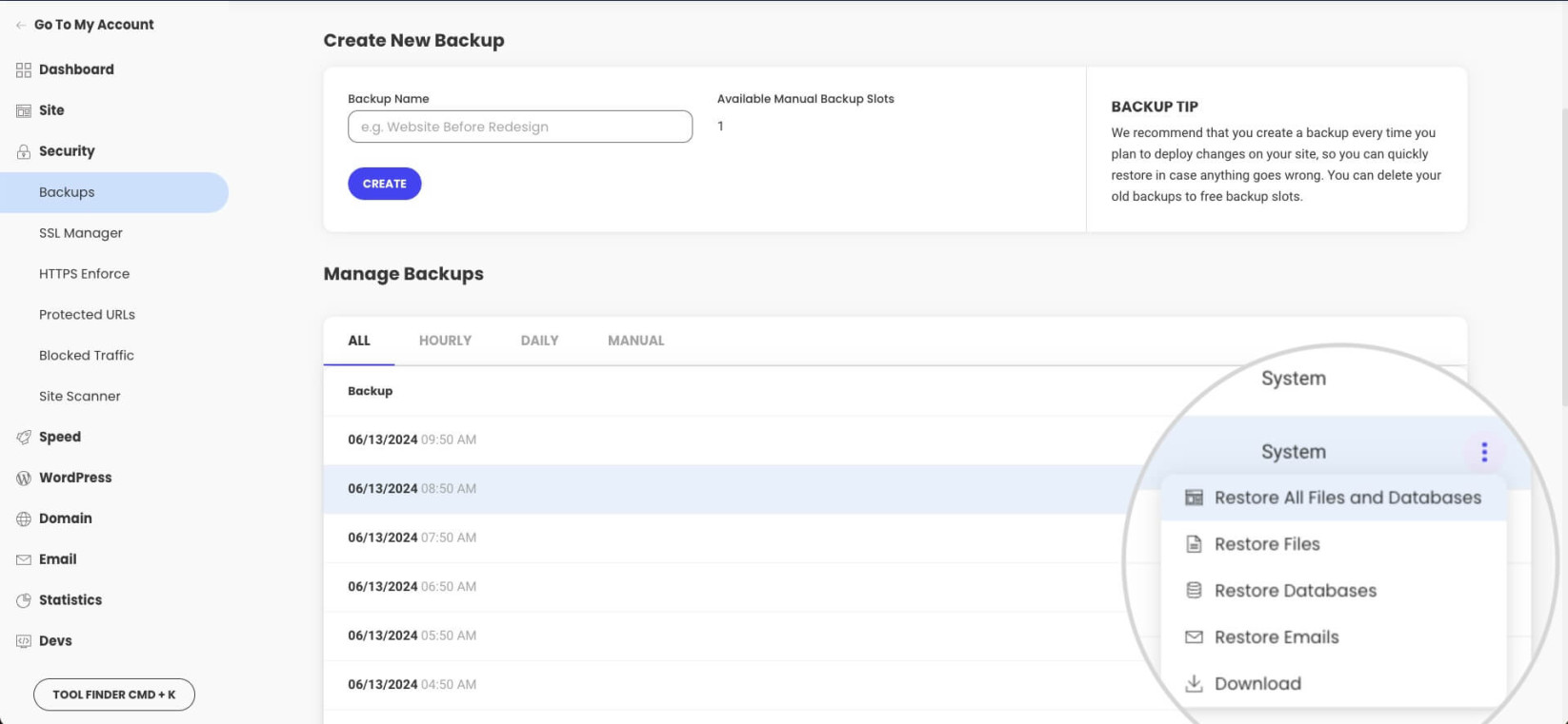 Restore options for backups in Site Tools