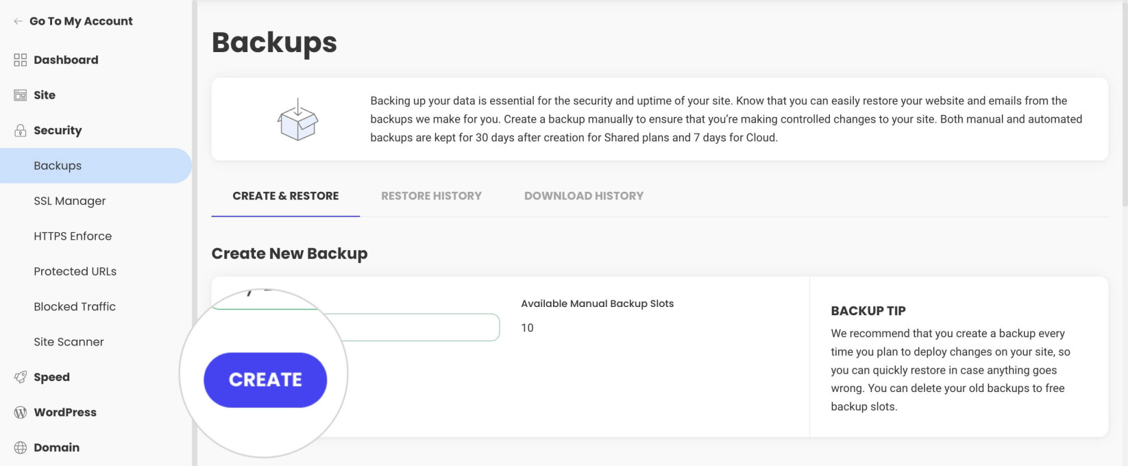 How to create a backup in Site Tools