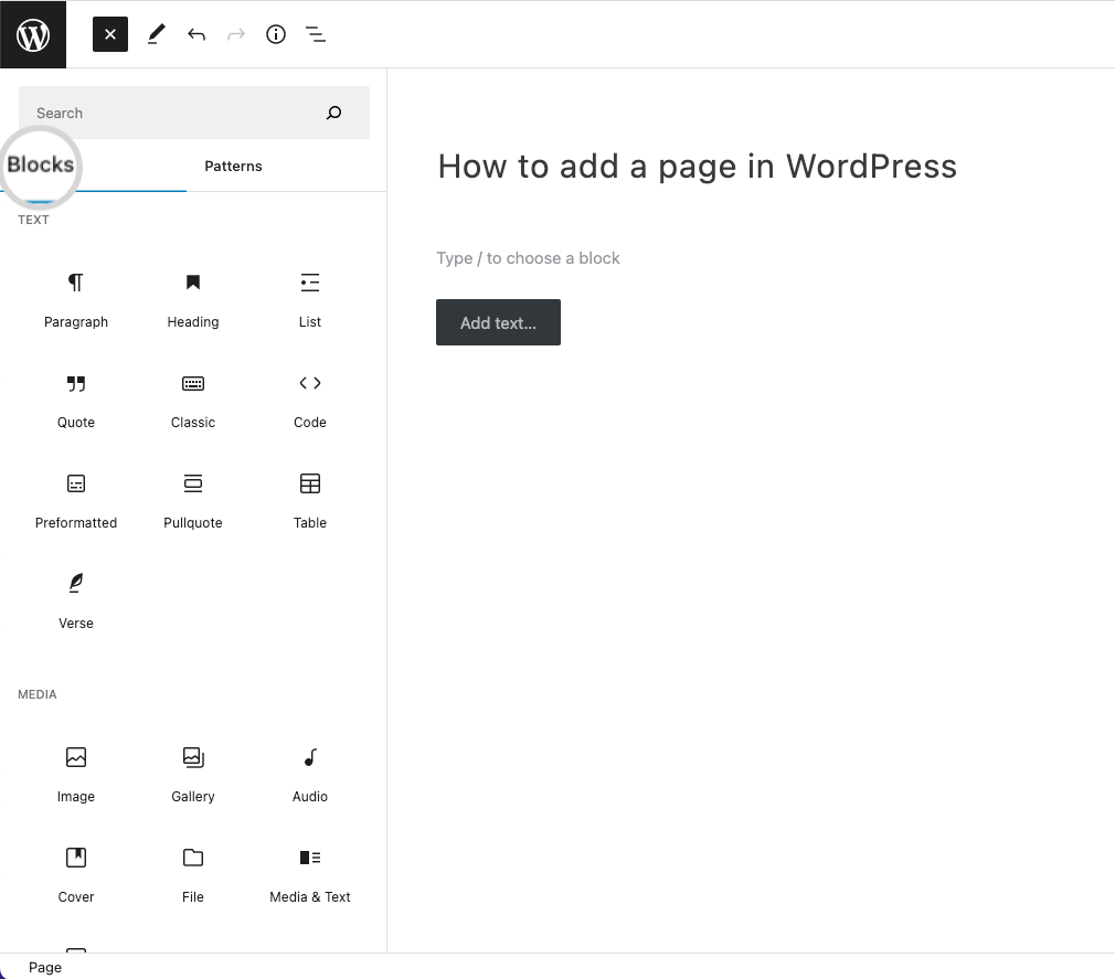 screenshot showing the Options in the Blocks section