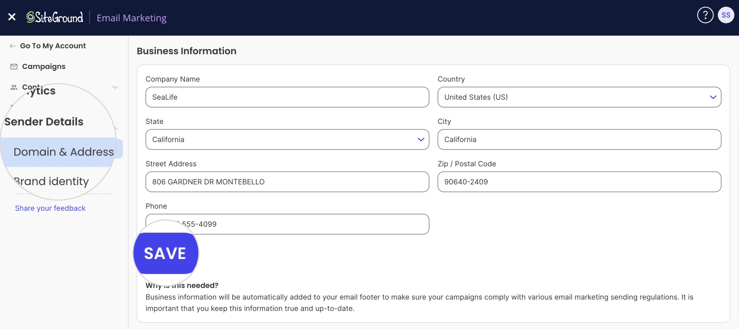 Business Information section in SiteGround Email Marketing