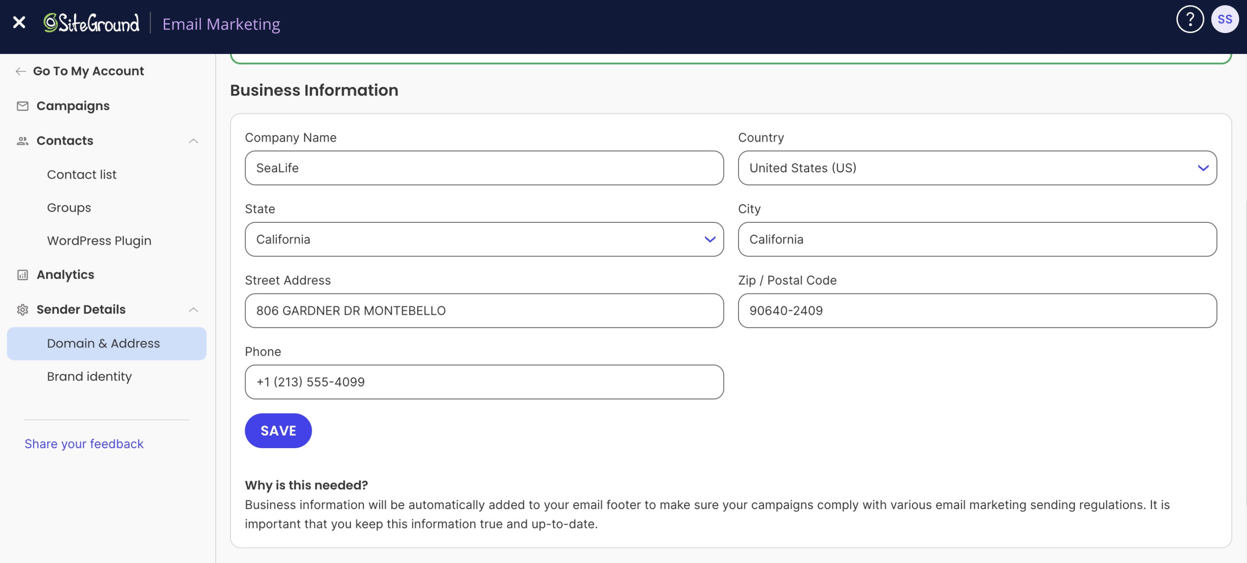 Business Information in SiteGround Email Marketing