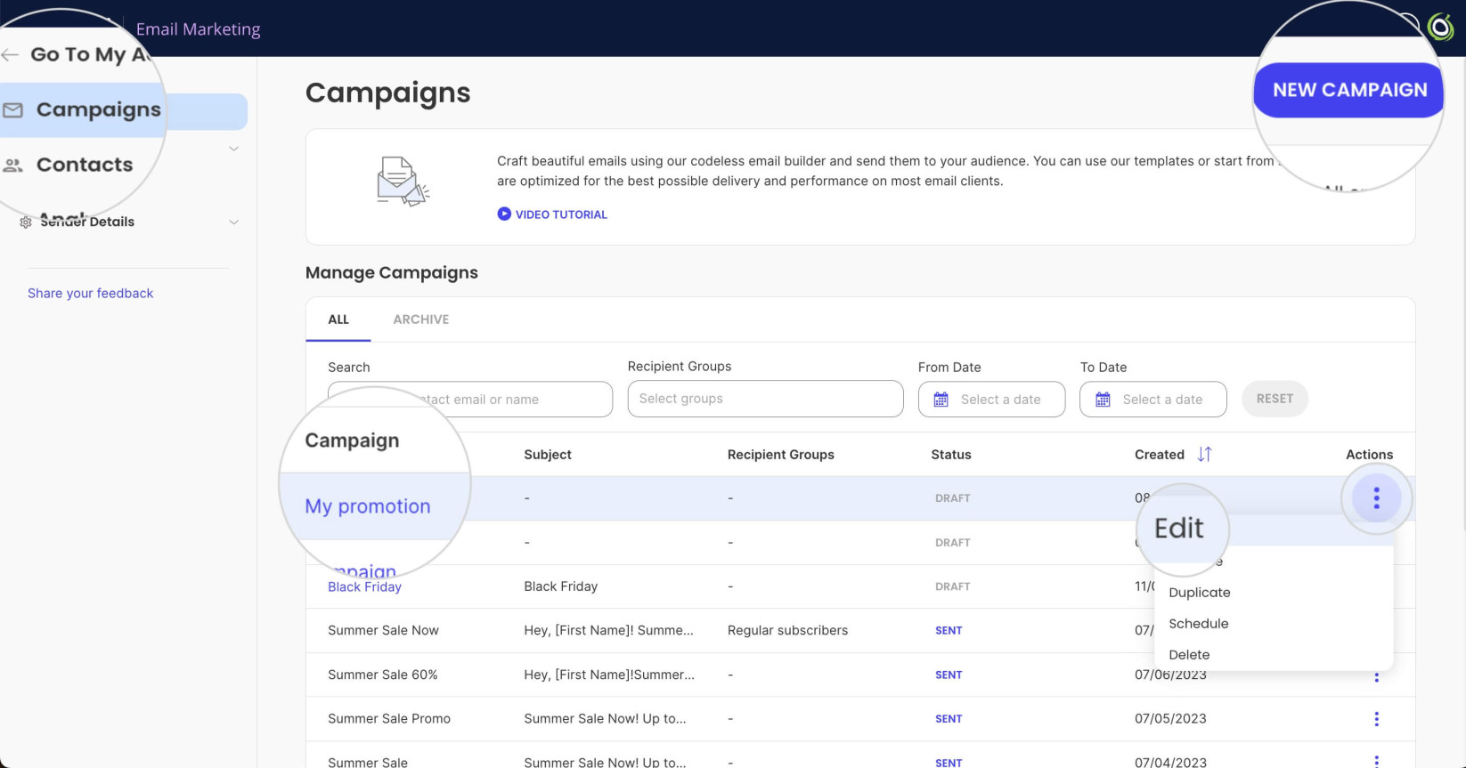 Campaigns section in Email Marketing