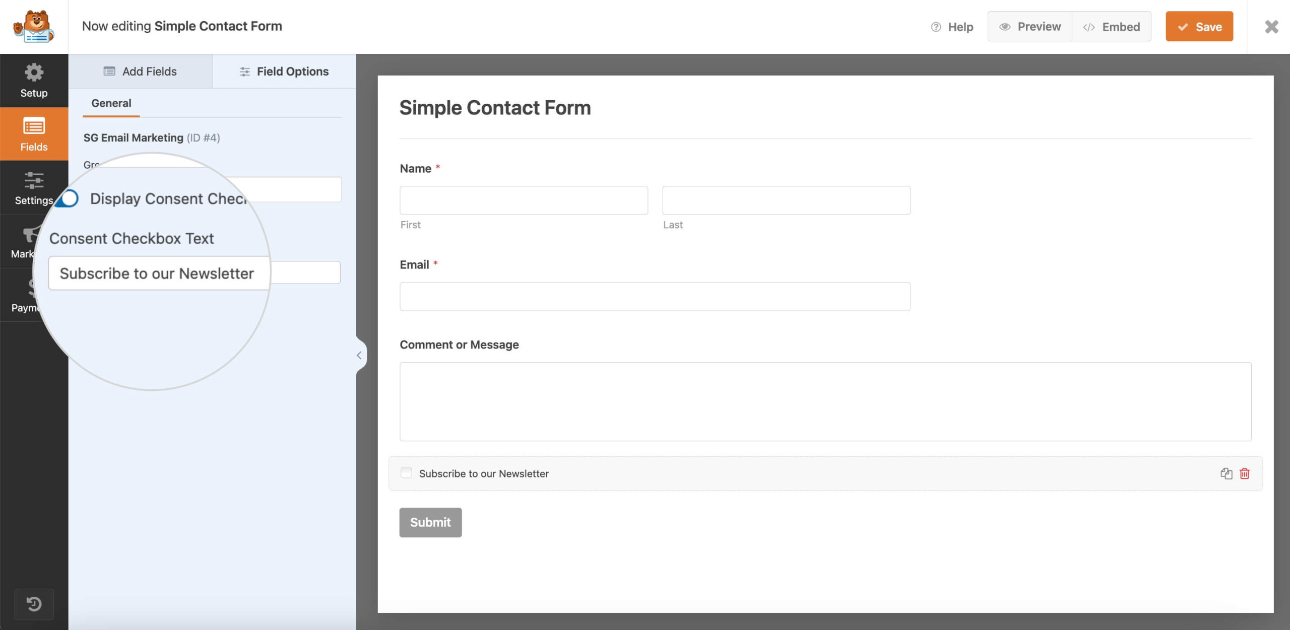 Editing Area for Customizing Consent Checkbox Text in WPForms