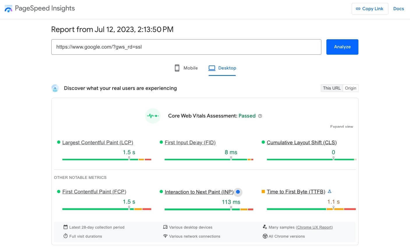 Screenshot showing the Goole PageSpeed Insights of a website