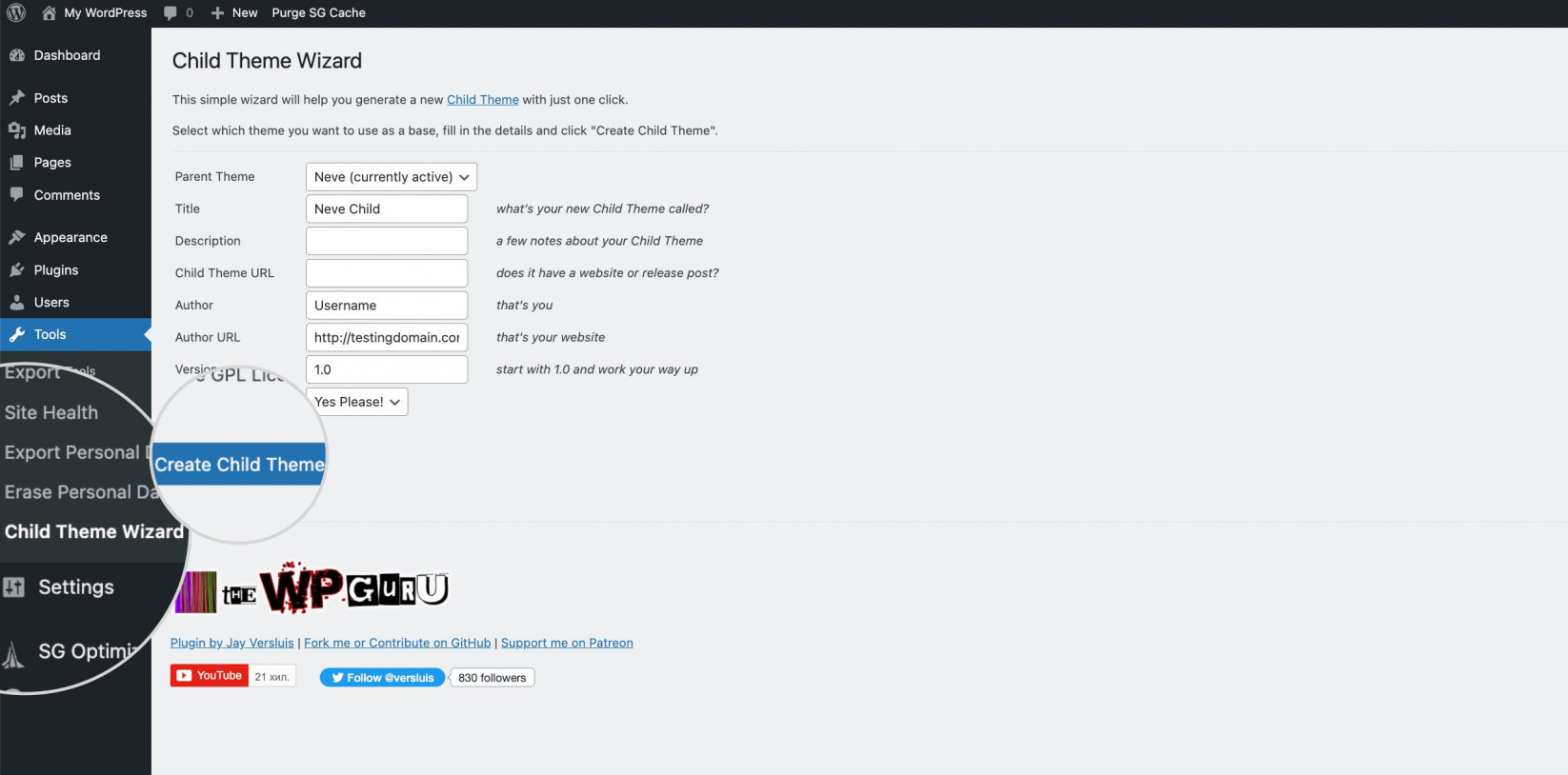 Screenshot showing the Child Theme Wizard plugin WordPress