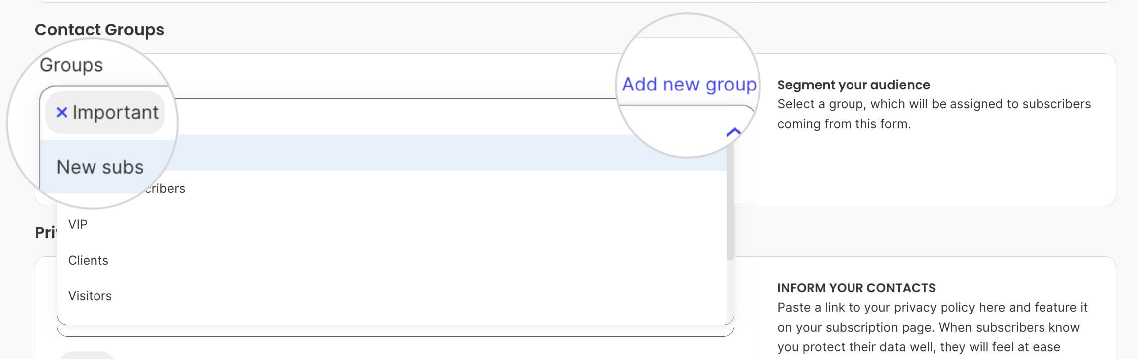 Selecting groups for a Subscribe page