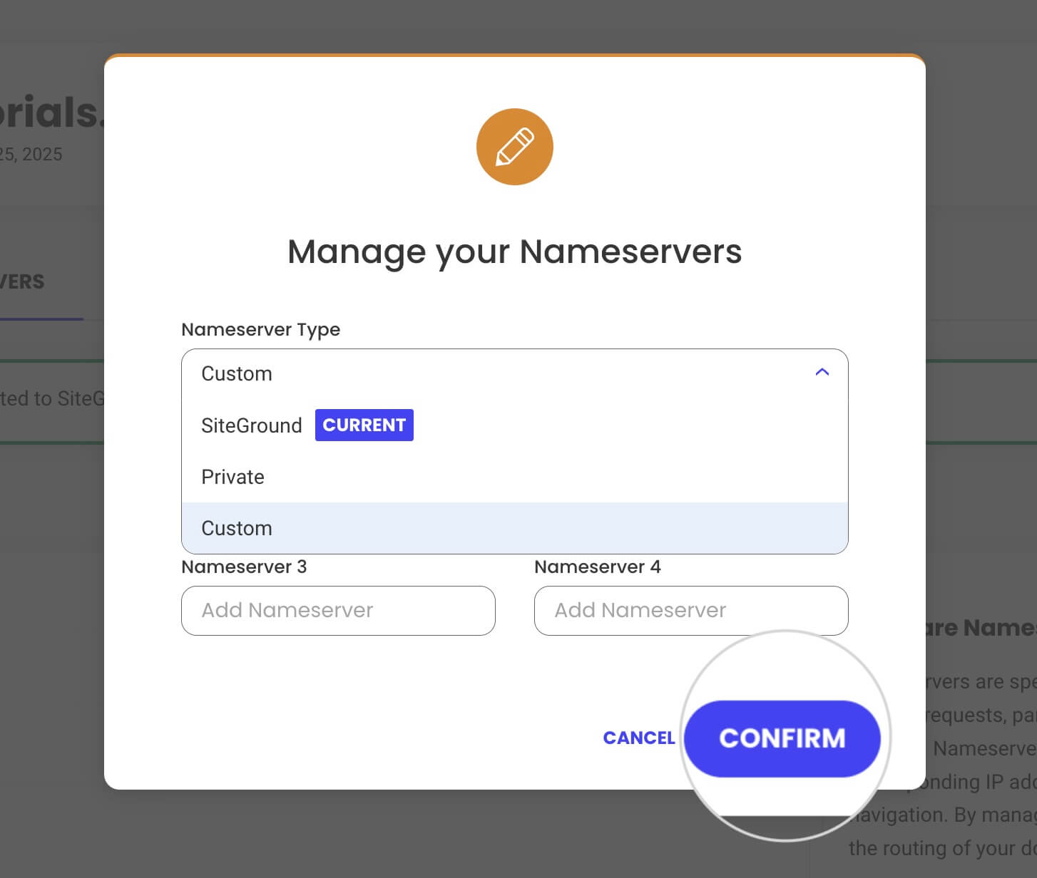 Name Server types for a domain managed in SiteGround 