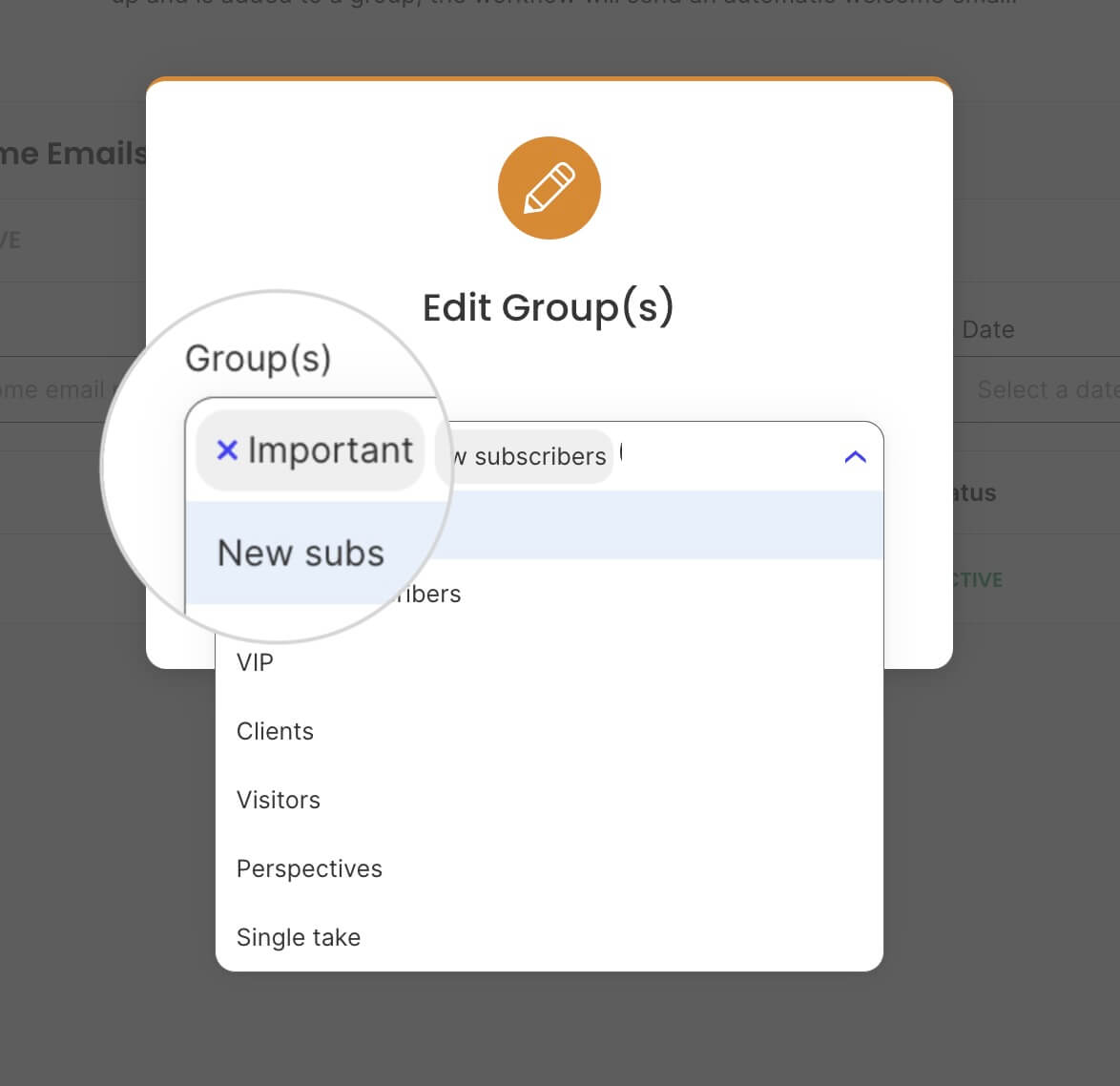 Choosing groups for a Welcome Email in Email Marketing