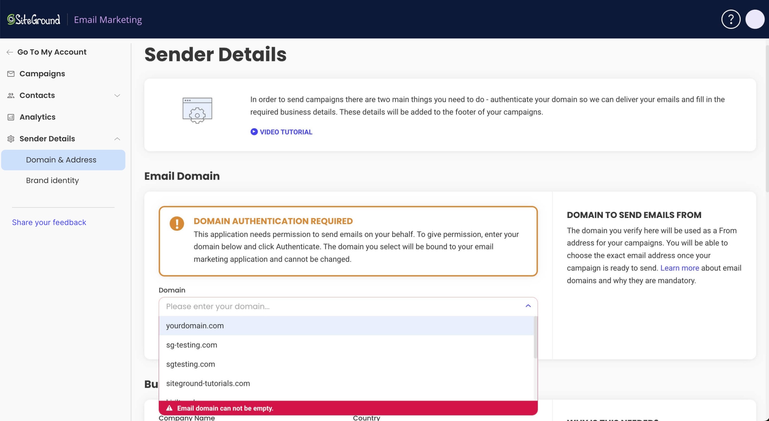 A drop-down menu for selecting the sender domain in SiteGround Email Marketing