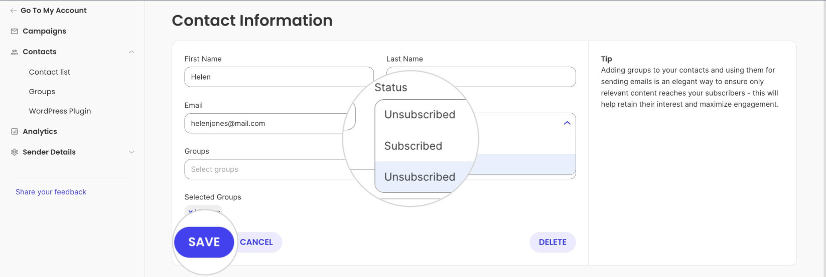 How to change the status from the contact details