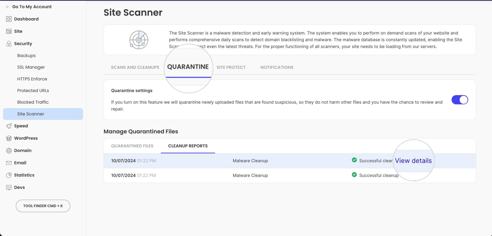 Cleanup reports for quarantined files in Site Scanner