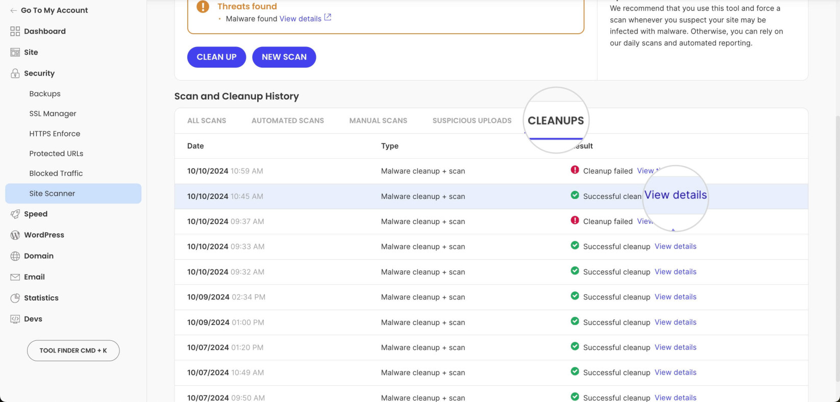 Cleanups tab in Site Scanner