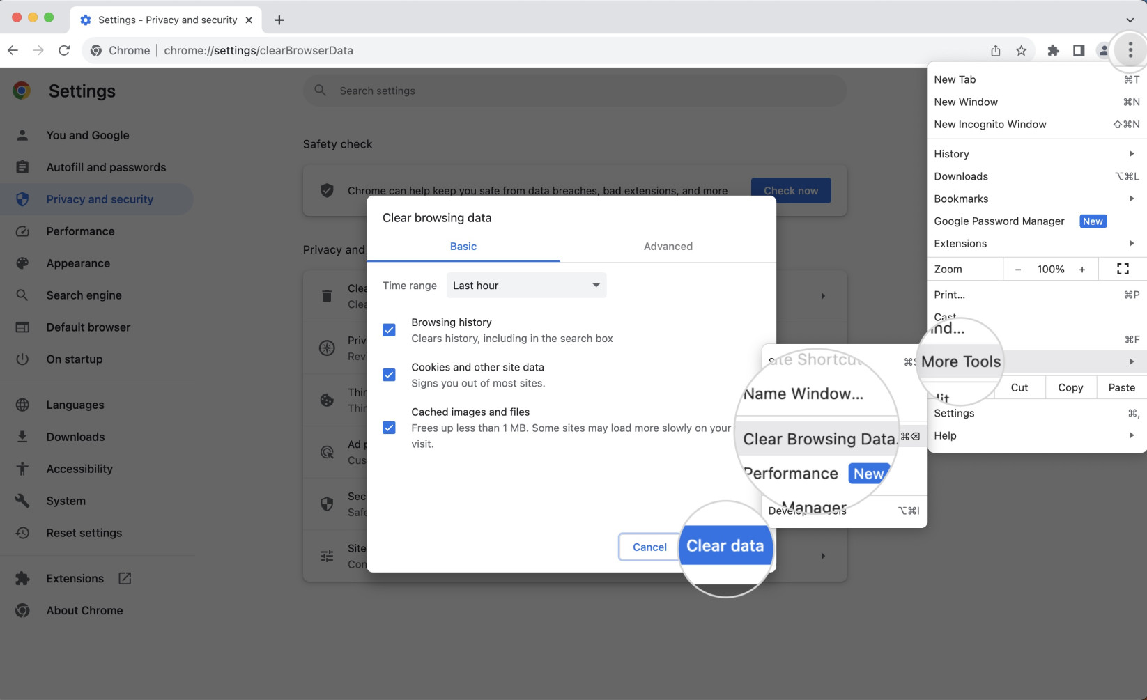 Clear browsing data on Google Chrome to fix ERR_SSL_VERSION_OR_CIPHER_MISMATCH