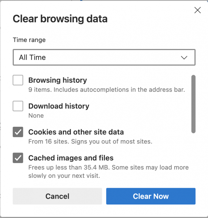 Options for Clear browsing data in Edge